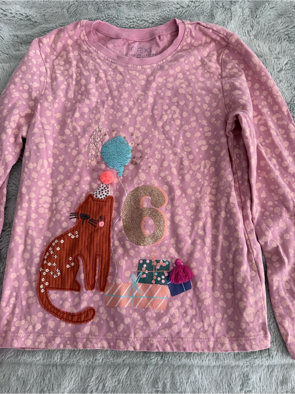 next Pink I am 6! Long Sleeve Top with Cat, Balloon & Glitter